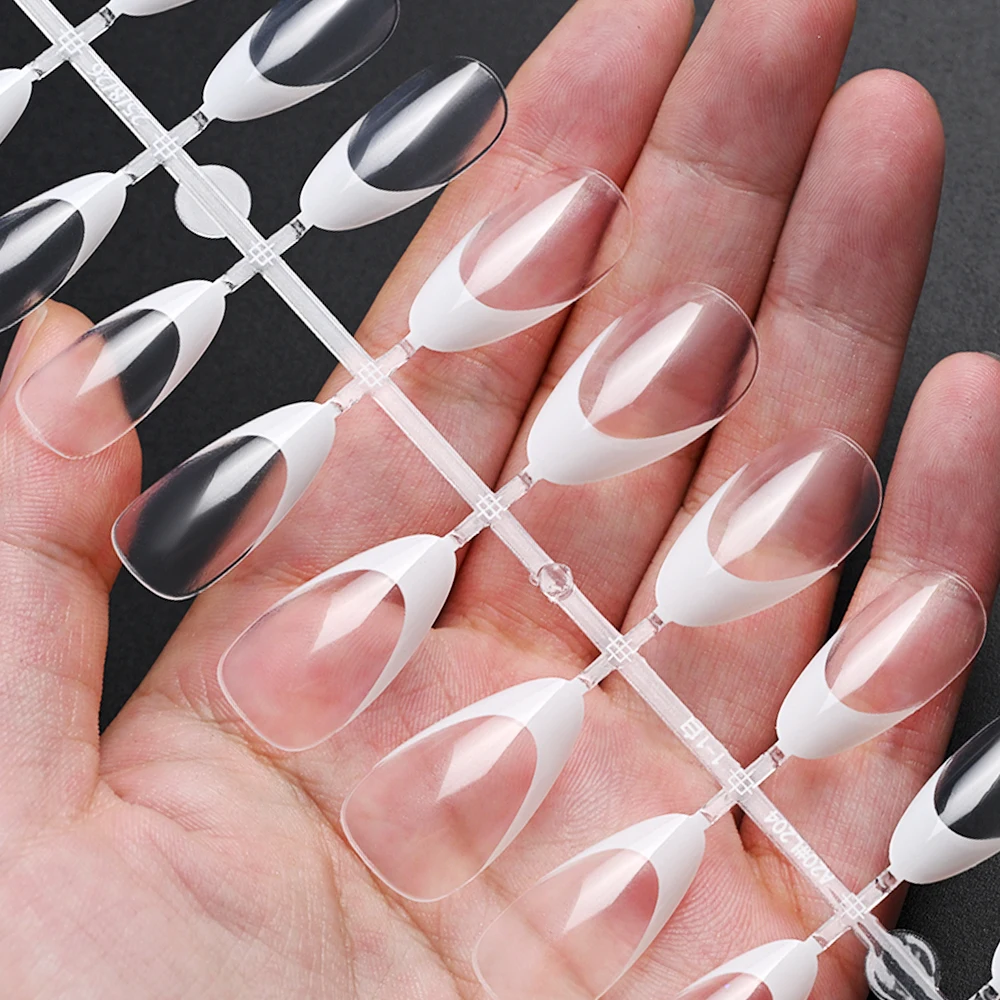 120 unids/bolsa de uñas postizas con punta blanca transparente, uñas postizas francesas brillantes, puntas de uñas postizas de almendra francesa de longitud media