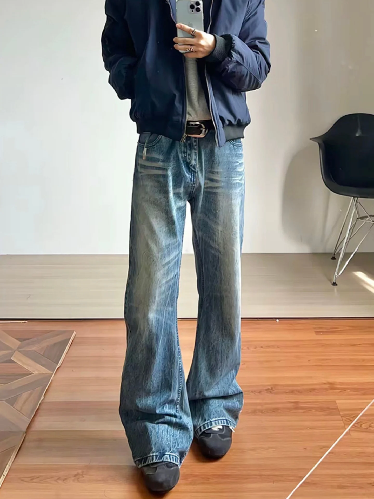 

Retro Blue Lightning Pattern Men's Jeans Slim Straight Leg Lengthening Spring High Street Sle Casual Straight Leg Jeans