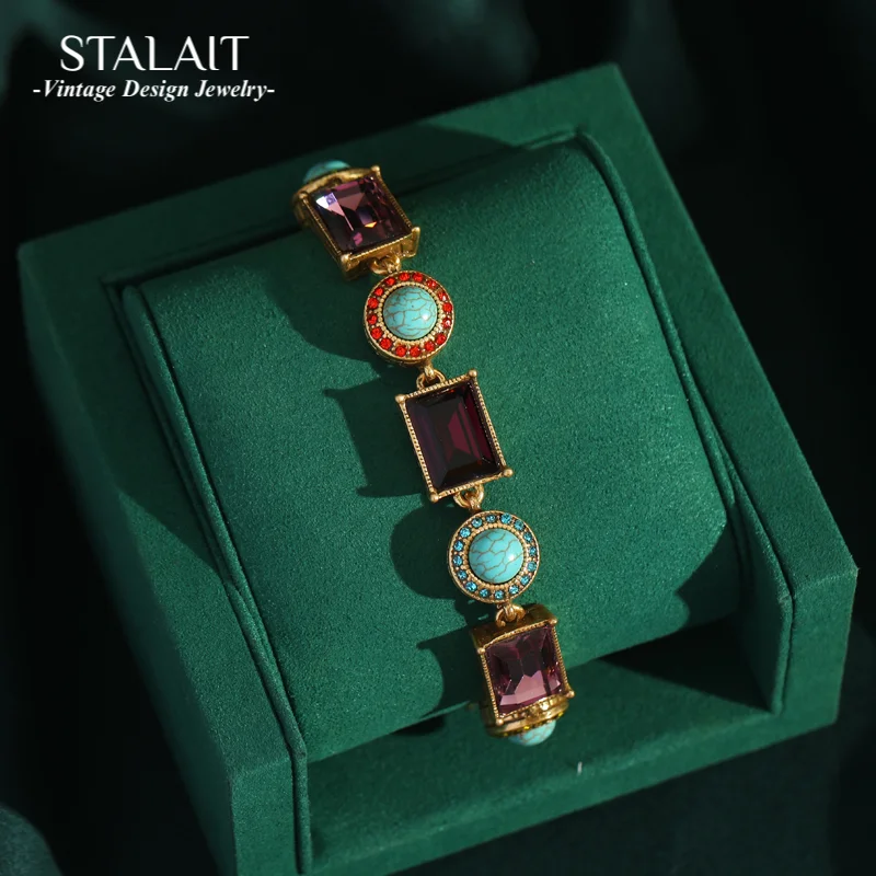 

Vintage Bracelets with Rectangle Amethyst Round Blue Natural Stone Candy Accessories Luxury Designer Antique Gold Color Jewelry