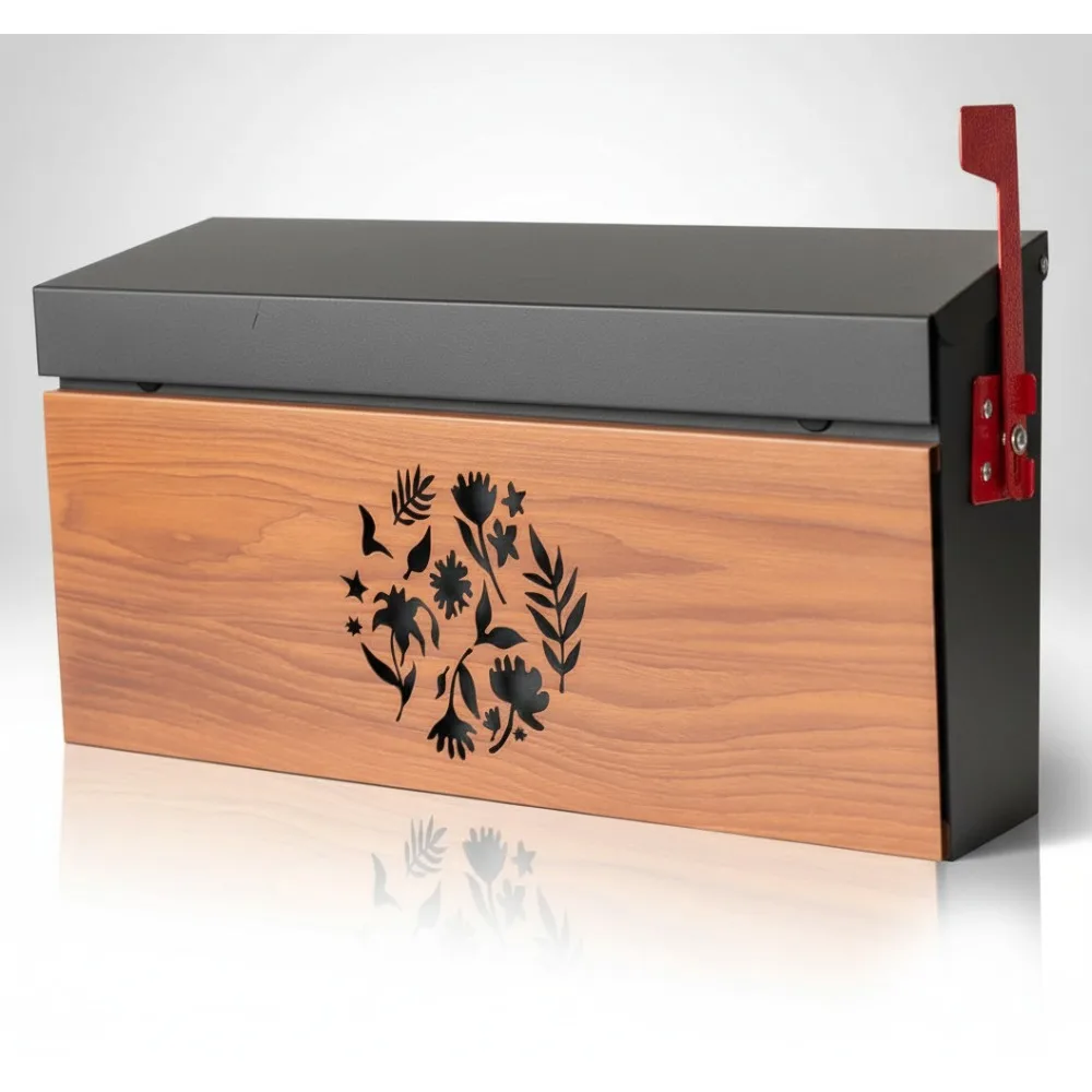 

Large Capacity Wall Mount Mailbox with Flag Kit, Rust-Proof Galvanized Steel, Flower Hollowed Wood Pattern for House Outside