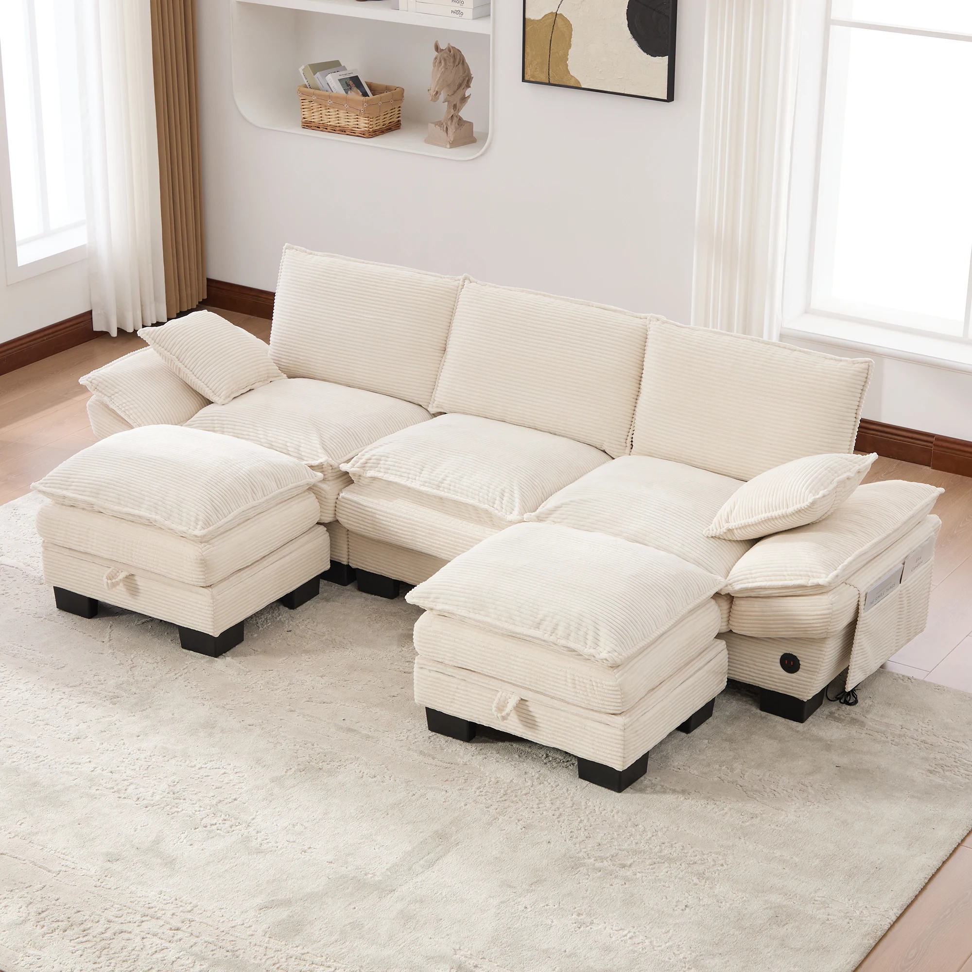 Canapé modulaire 3PL 2 poufs USB-C poches latérales assise ergonomique salon/bureau rangement velours côtelé beige