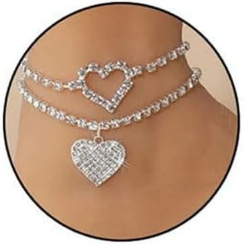 2pcs Heart Rhinestone Ankle Bracelets for Women Girls  Gold Silver Color Shiny Tennis Anklets Twinkle Foot Chain Jewelry Gifts