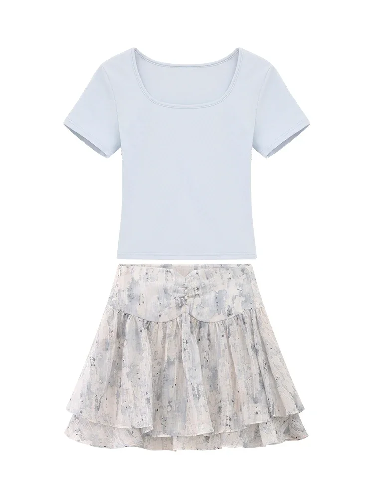 Watercolor Print Chiffon Skirt Women Summer High Waist Double Layer Hem Mini Skirt Casual Flowy A-line Pleated Skirt Light Blue