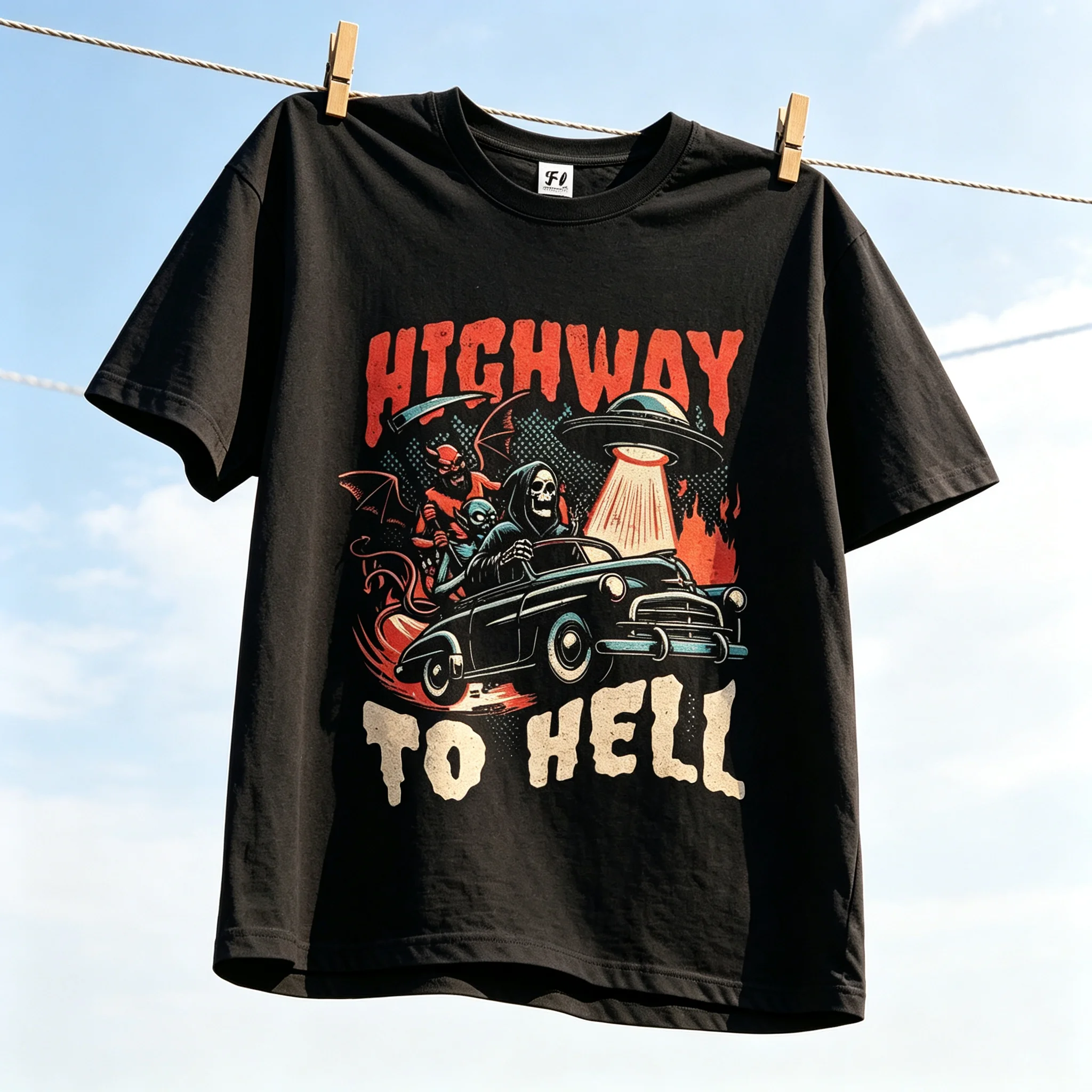 Highway To Hell Retro Graphic T‑Shirt Vintage Devil Ghost Car UFO Print Men Women Gothic Streetwear Short Sleeve Tee