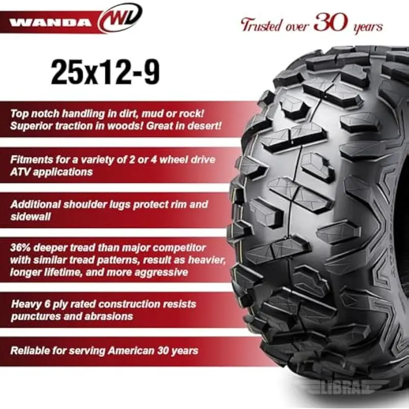 UTV ATV Tires 25x12-9 305/65-9 6PR Non-Directional Tread Deep 0.79 in Rim Protection Shoulder Lugs Dirt Mud Rock Desert Trail Us