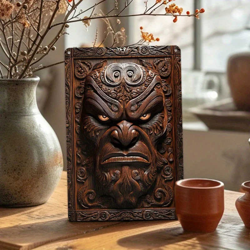 Vintage Maori Tiki Mask Aluminum Wall Art, Metal Tin Sign for Home Decor, Bedroom, Study Desk, Decorative Wall Poster