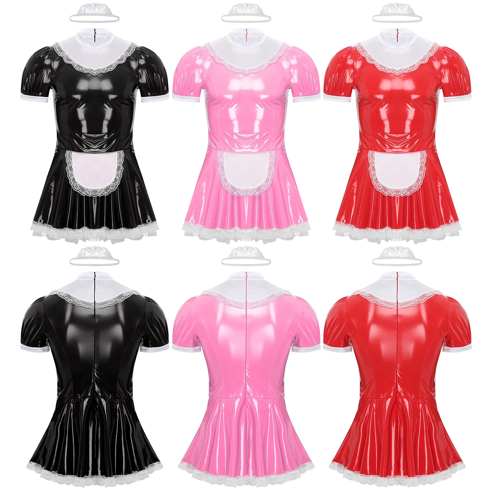 Mens Ruffle Lace Sissy Maid Dress Sexy Servants Maid Uniform Naughty Maid Cosplay Patent Leather Dress with Apron Outfits