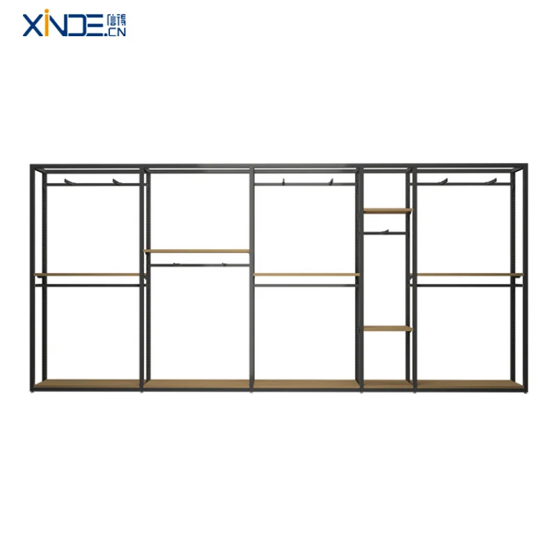 custom.XINDE Single-Sided Light Duty Clothing Display Stand Supermarket Rack with Metallic Iron and Wood Wire Shelving Store