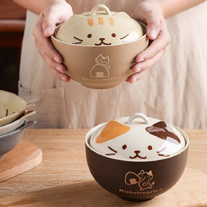 Japanese Creative Ceramic Soup Bowl Cute Cartoon Animals with Lid Cat Bowl Household Instant Noodles Bowl Rice Tableware