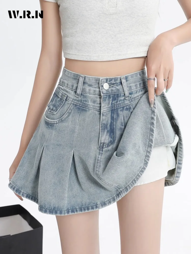 

Women Hotsweet Vintage Y2K Streetwear Sexy Jean Pleated Skirts 2024 Summer Casual High Waist Slim Blue Mini Denim Short Skirt