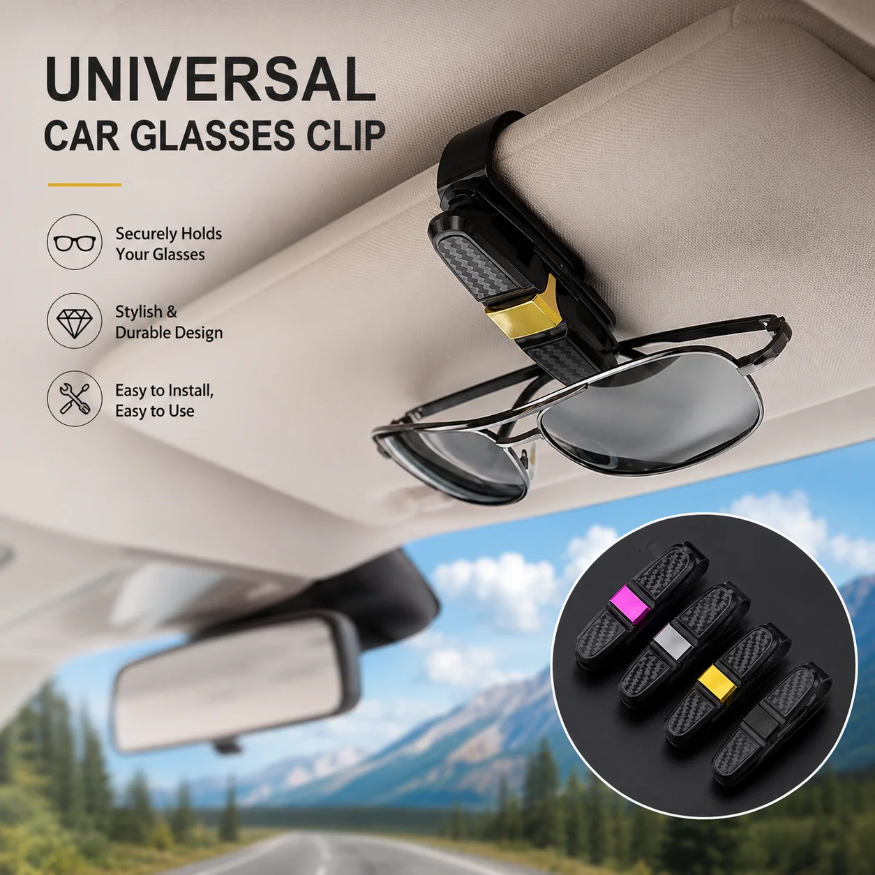 

180 Degree Rotational Glasses Holder Car Sun Visor Sunglasses Clips Double Ended Eyeglass Mount Carbon Fiber Ticket Card Receipt Clipboard Fasteners Auto Interior Storage Organizer Accessory Kits