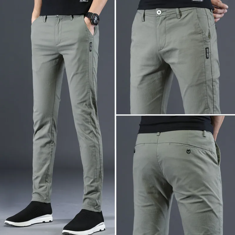 

Весенне-летние повседневные брюки, мужские облегающие брюки, молодежные универсальные длинные брюки из чистого хлопка, корейские трендовые эластичные мужские брюки