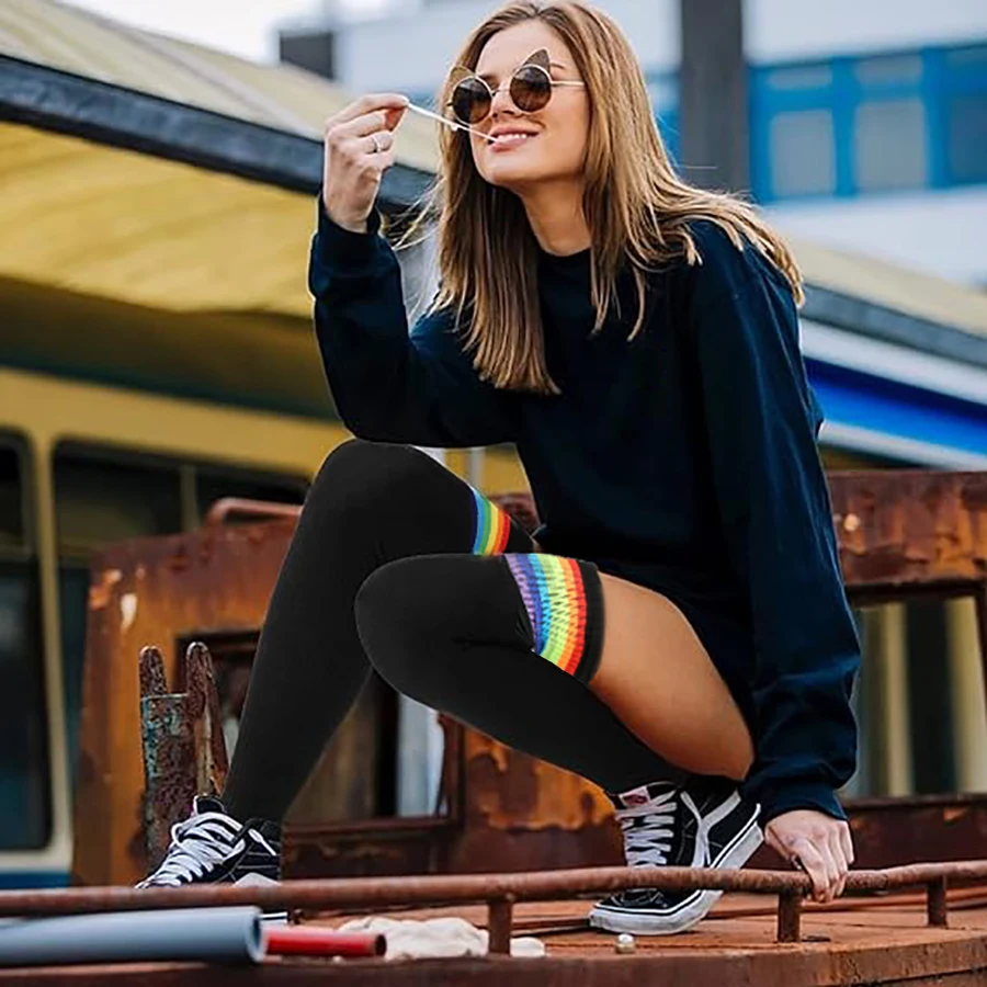 Non Slip Thigh High Socks for Women Over Knee Rainbow Thigh High Socks Cosplay Accessories Fashion above Knee Tube Stockings