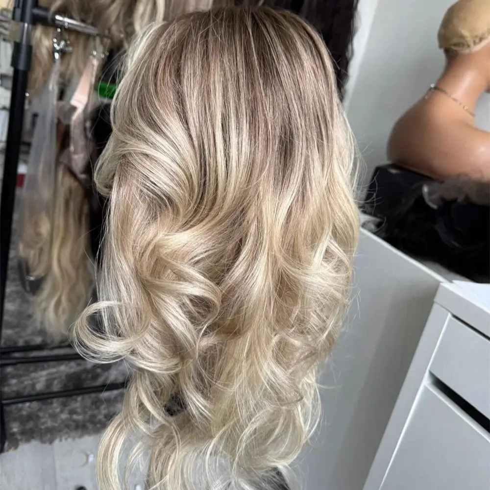 Platinum White Blonde Balayage HD Lace Front Glueless Wig Heat Resistant Luxury Human Hair Synthetic Blended Fiber Wig for Women