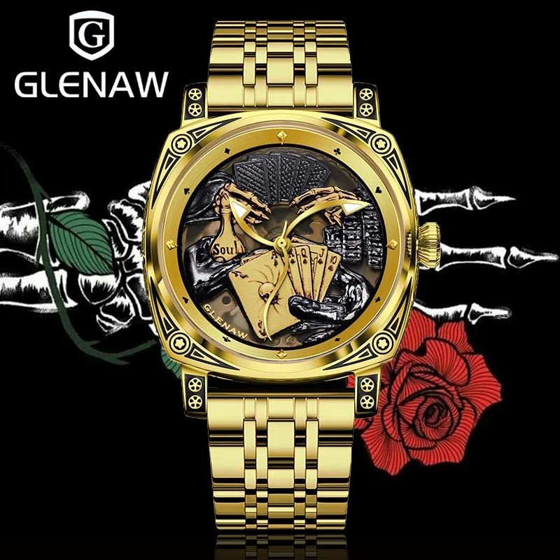 2025 جديد GLENAW الهيكل العظمي ساعة ميكانيكية للرجال الفولاذ المقاوم للصدأ مضيئة مقاوم للماء ساعة ميكانيكية أوتوماتيكية فاخرة