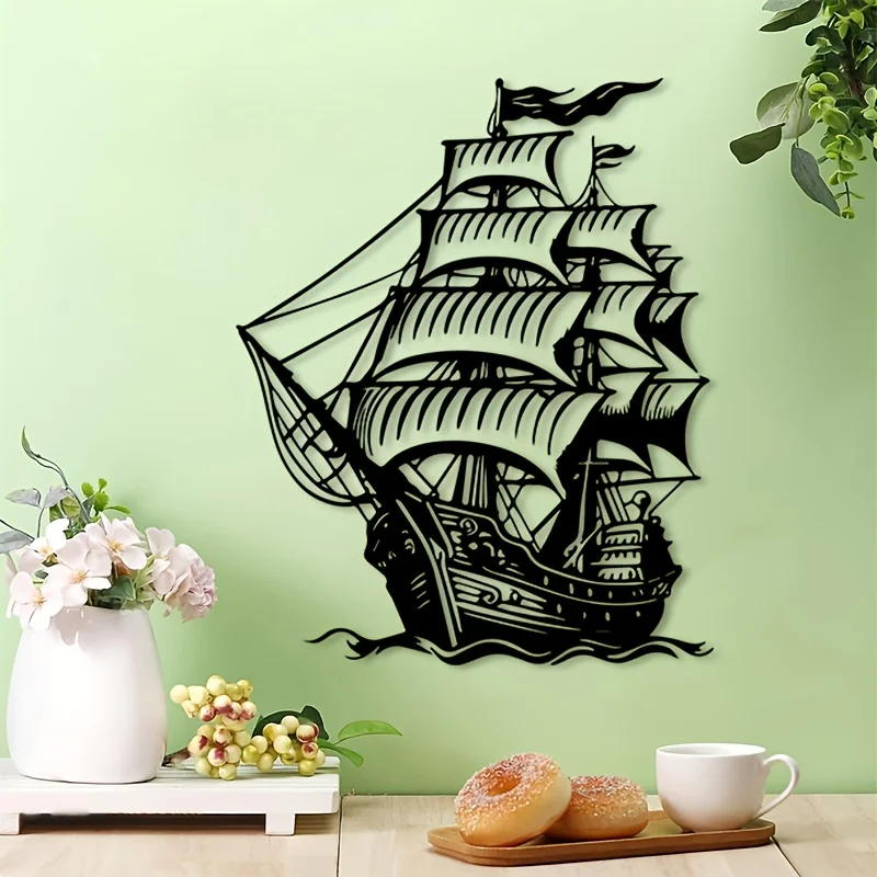 1pc Pirate Ship Metal Wall Art, Nautical Iron Mural for Beach House, Father's Day Gift & Coastal Home Decor
