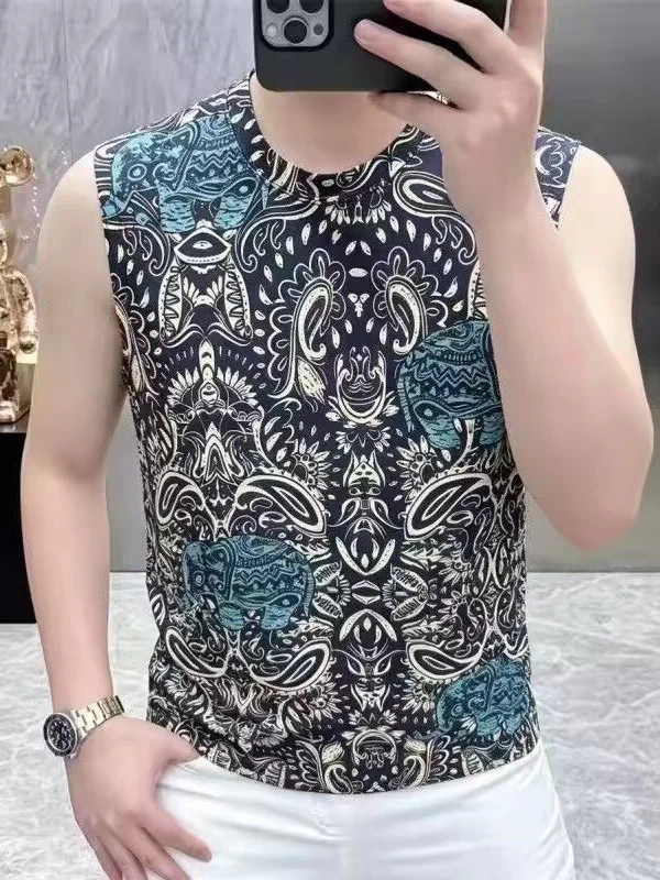 Fashionable Summer Men's Sleeveless T-Shirt Slim Fit Printed Casual Youth Trendy Shoulder Pad Top Polyester Fiber round Neck