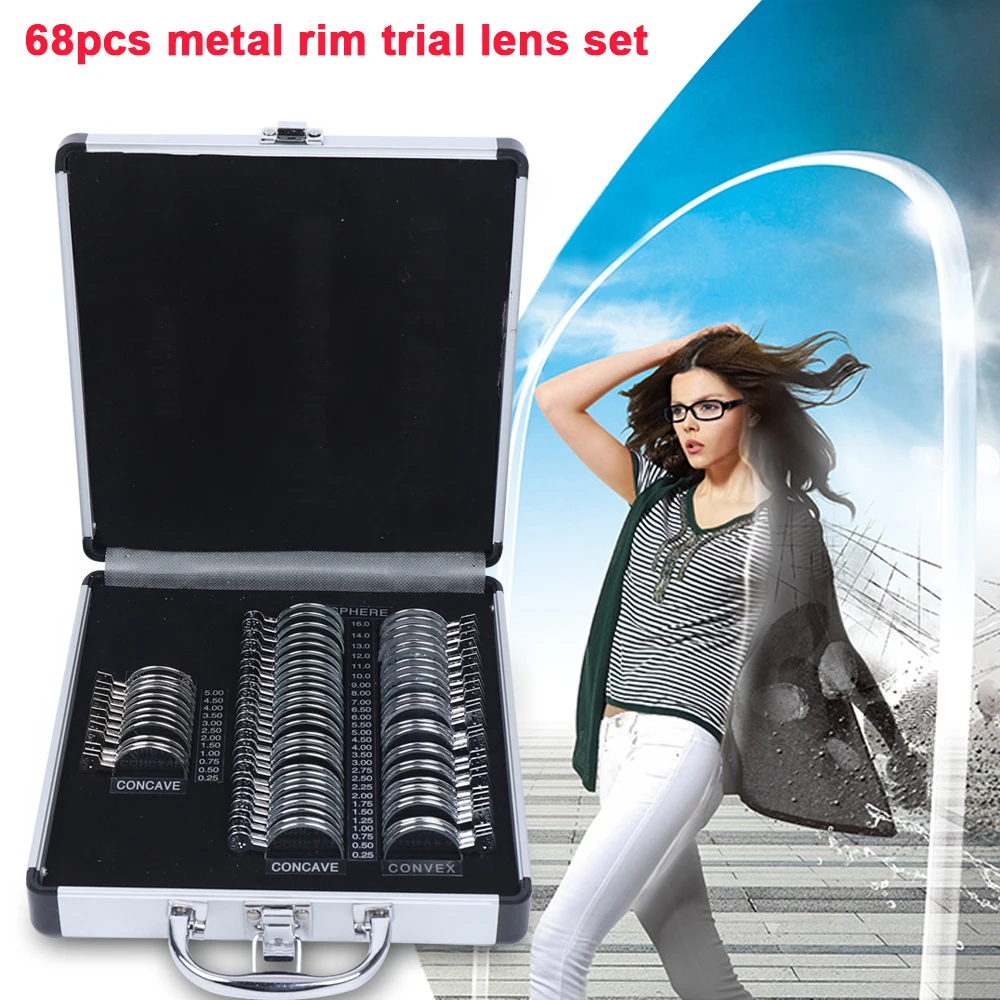 68PCS Optical Trial Lens Set Optometry Kit Ophthalmic Lenses Ophthalmology Kit Trial Frame Metal Rim Aluminum Case