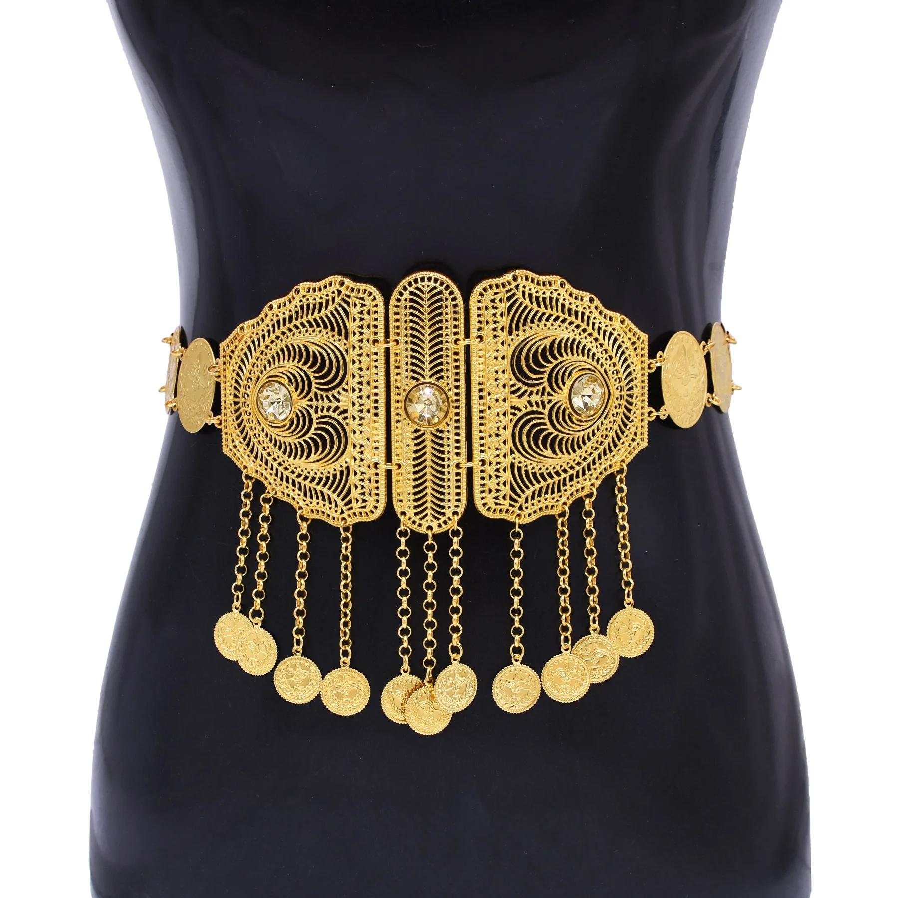 

Ethnic Hollow Geometry Rhinestone Belt For Women Gold Plated Coin Pendant Waist Chain Dancing Body Jewelry Kurdish Accessory