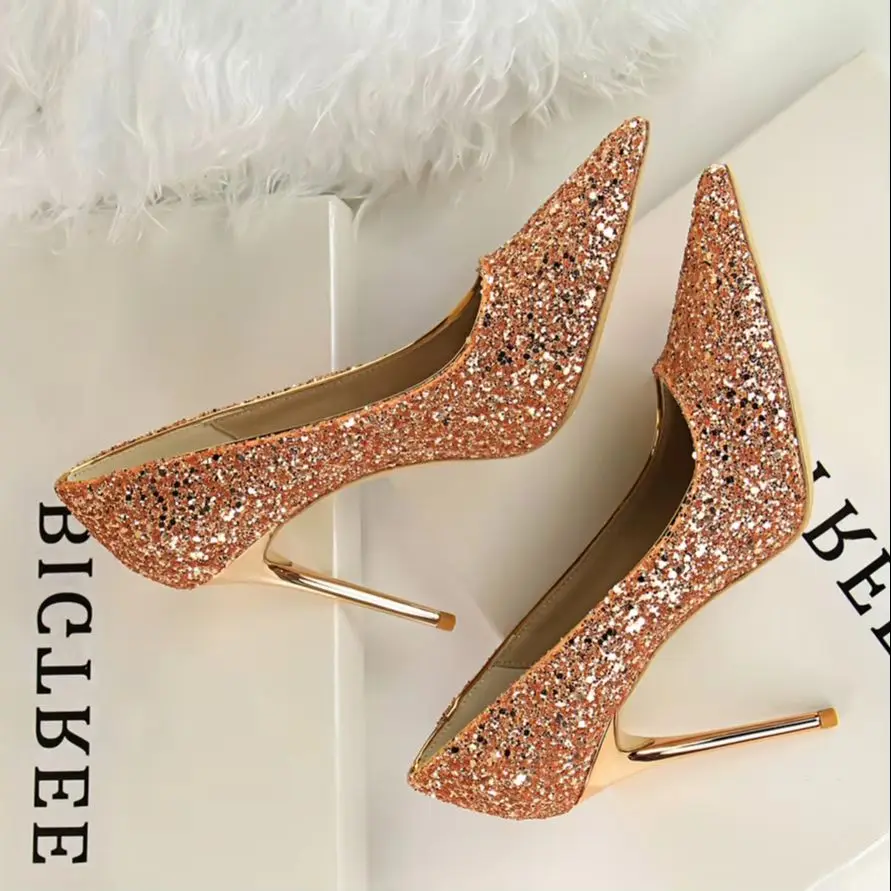 BIGTREE Women Pumps Extrem Sexy High Heels Women Shoes Thin Heels Female Wedding Shoes Party Shoes Gold Sliver White Ladies Shoe