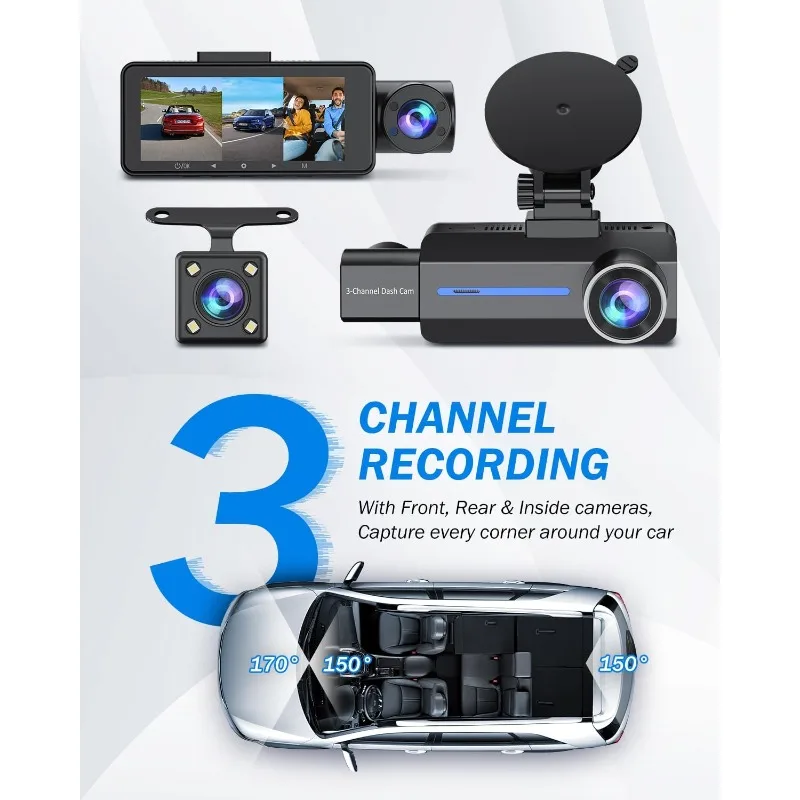 3 Channel 2.5K Dash Cam, 1440P Dash Cam Front and Rear Inside, Dash Camera for Cars, Triple Car Camera with 32GB Card