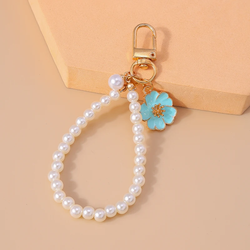 Fashion Imitation Pearl Handmade Beads Keychain Enamel Flower Charms Keyrings for Women Men Car Key Handbag Key Chains DIY Gifts image 4