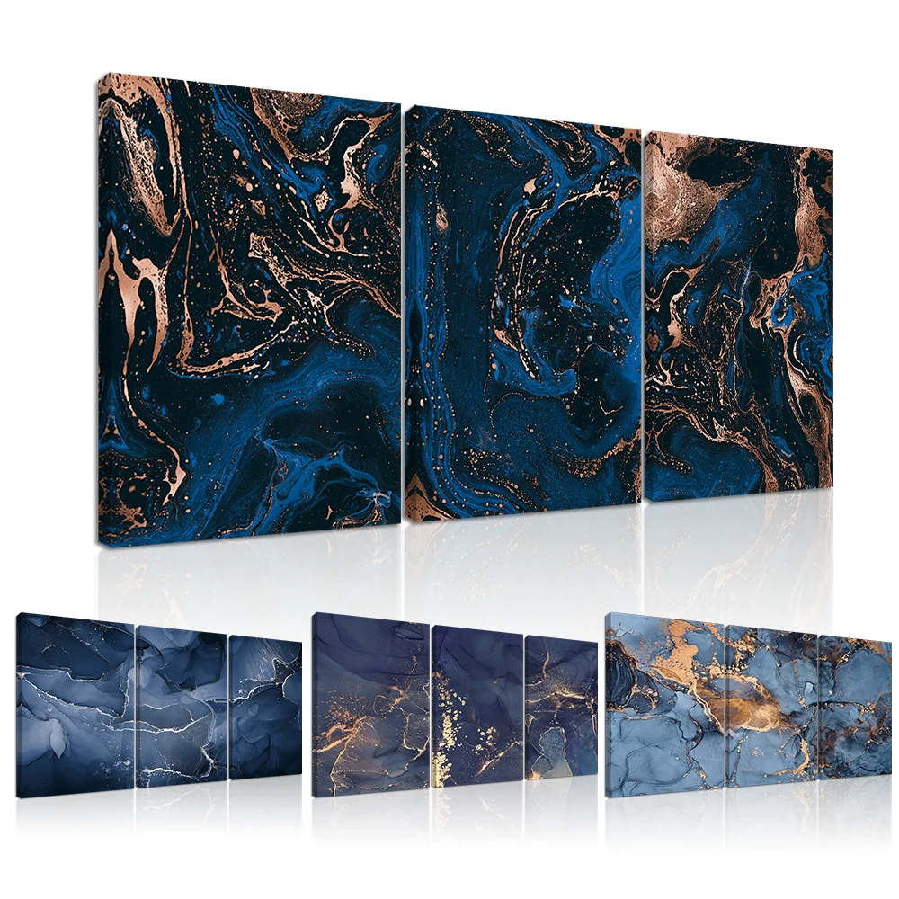 

Three-picture Combination Luxury Blue Ink Marble Crack Framed Canvas Wall Art Ready To Hang Modern Canvas Painting Home Decor