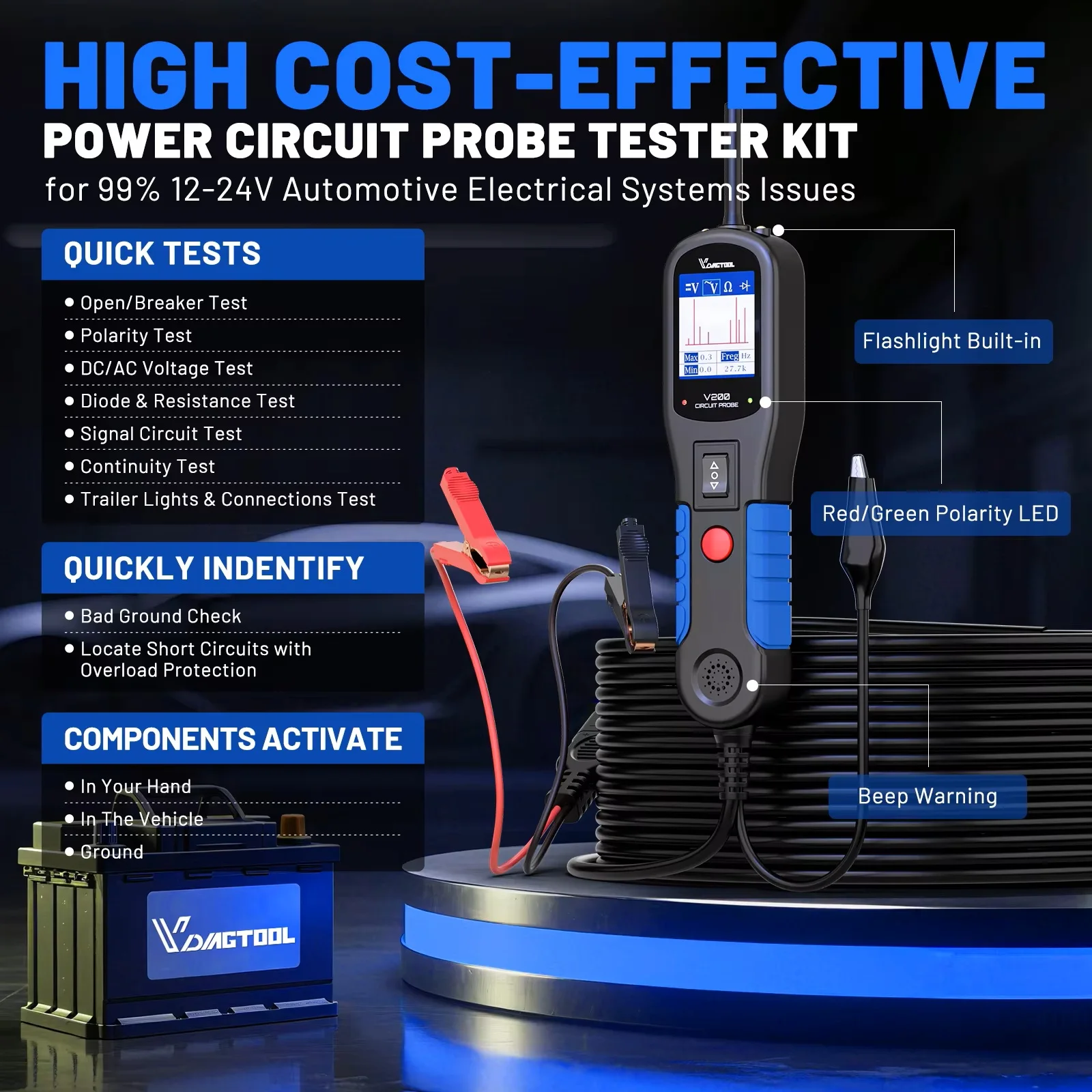 

VDIAGTOOL V200 Тестер автомобильных цепей 12 В 24 В Инструмент для диагностики электрической системы напряжения, компонент автомобильного датчика мощности