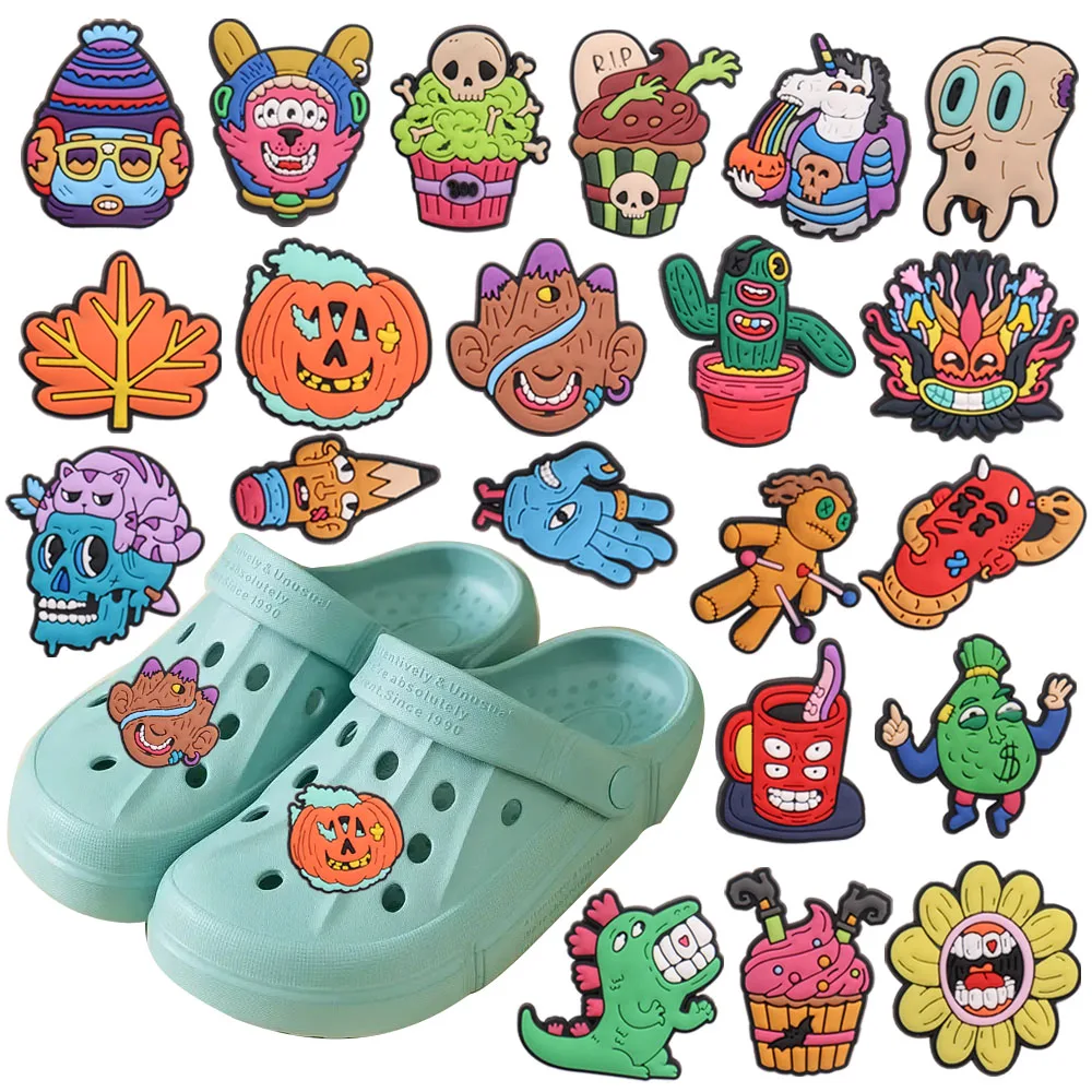 Sell Retail 1-21pcs PVC Shoe Charms Pumpkin Monster Skull Puppet PVC Accessories Shoes Buckles Fit Wristbands Kids Party Gift