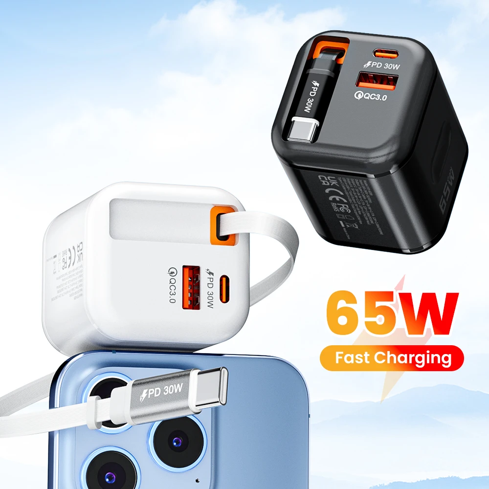 

Зарядное устройство GaN 65 Вт с USB-A 25 Вт + Type-C PD 25 Вт + Type-C 25 Вт, выдвижной кабель 70 см, быстрая зарядка для телефонов iPhone, Xiaomi, Samsung