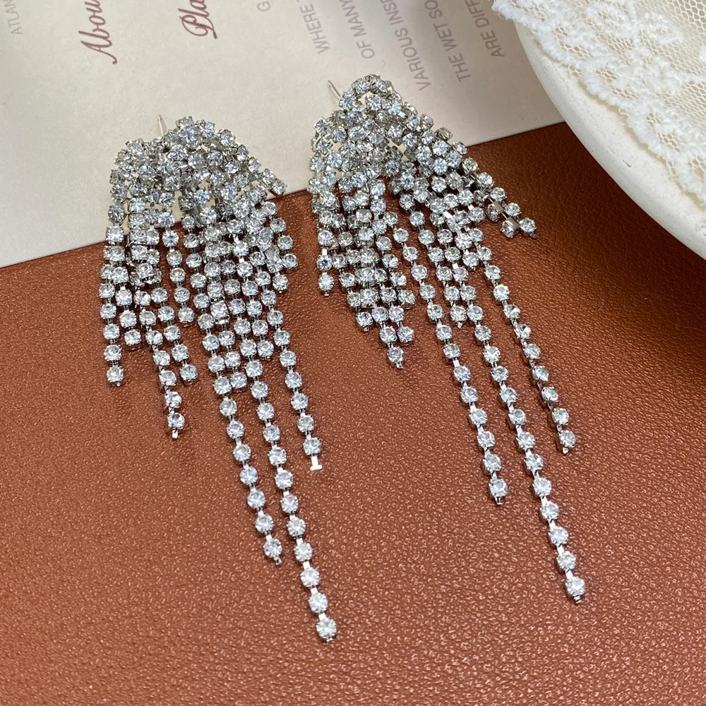 Retro exaggerated zircon petal long fringed earrings for women's exquisite versatile super flash earrings