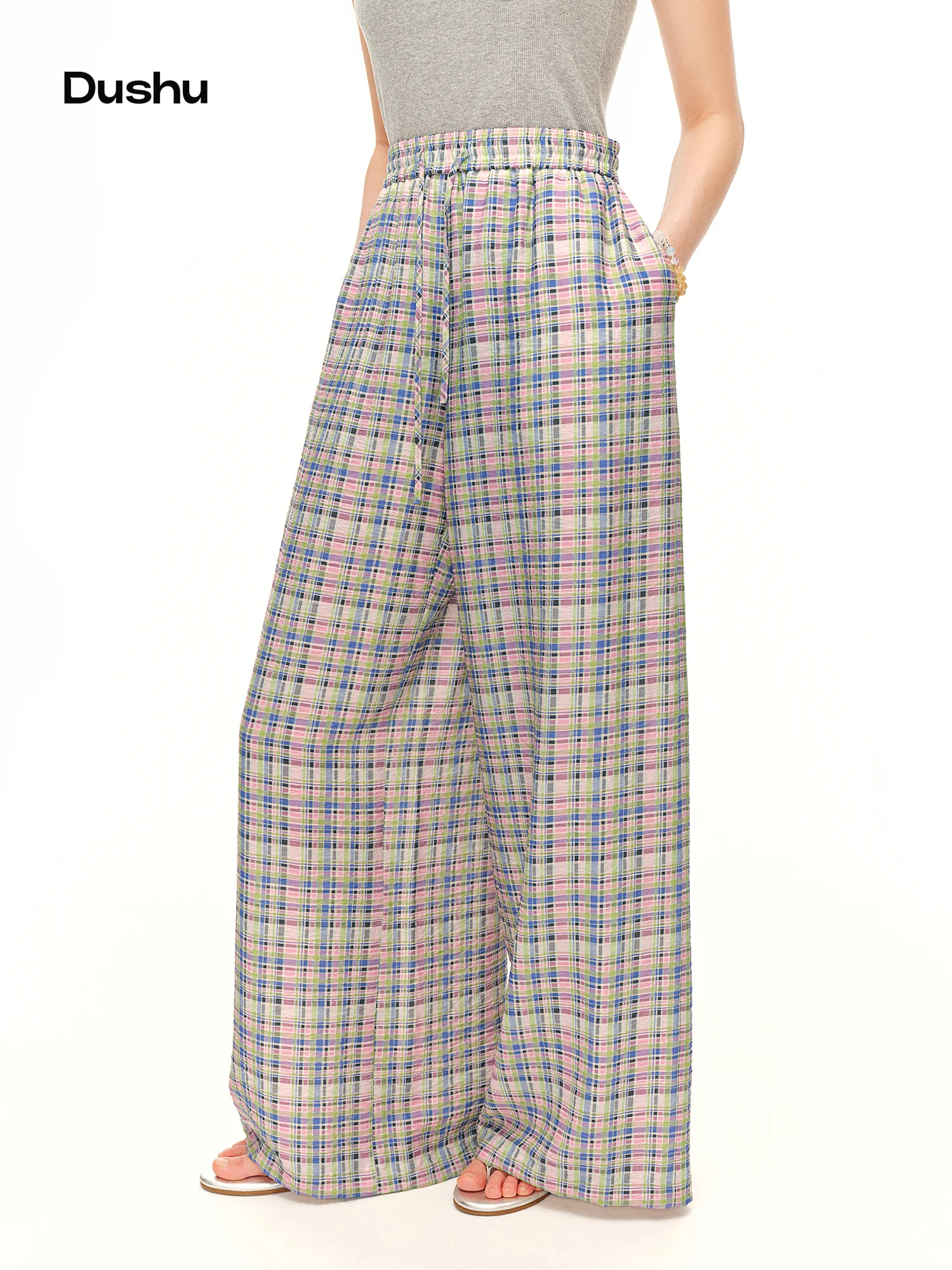 DUSHU 2026 Sommer Damen Drapierte Weite Hosen, Entspannte High-Waist Bodenlange Hosen für einen Mühelosen Casual-Stil