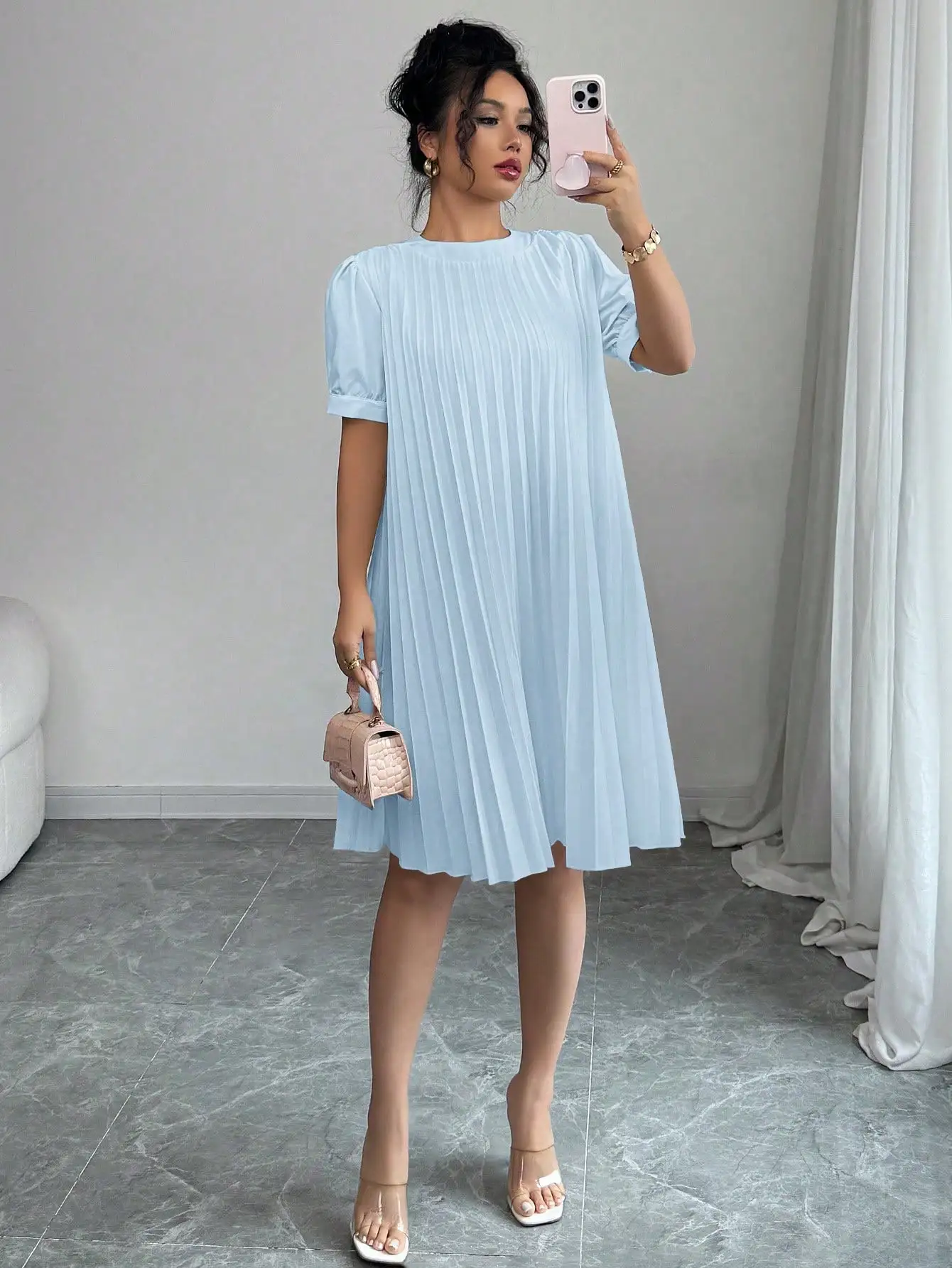 blue pleated swing dress Pleated Satin Dress Blue Shimmer