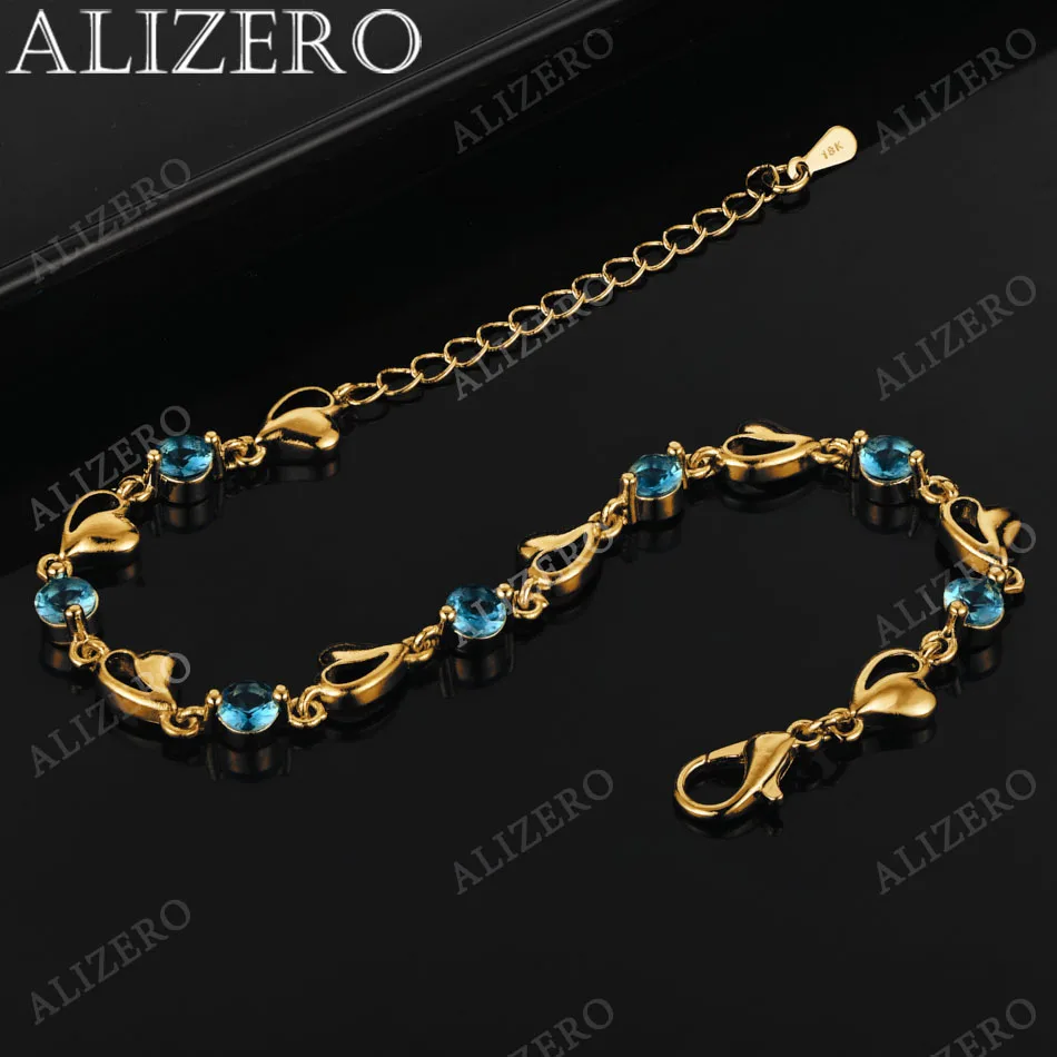 ALIZERO 925 Sterling Silver 18K Gold Blue Zircon Sapphire Heart Bransoletki dla kobiet Prezent ślubny Biżuteria modowa