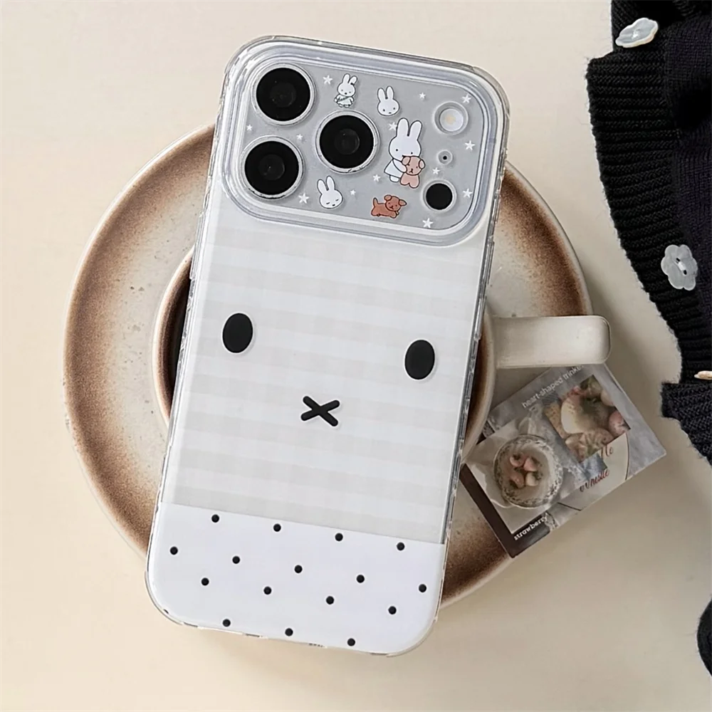 

Simple Plaid cute Lines Miffy Rabbit With Charm Phone case for iPhone 17 Pro 15 14 13 16 Pro Max Cover Fundas Shockproof Cases