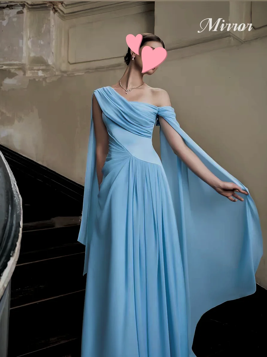 

Mirror Dress Elegant Vintage Sweet Blue Chiffon Silky Asymmetrical New Customize Formal Occasion Prom Dress Evening Party Gowns