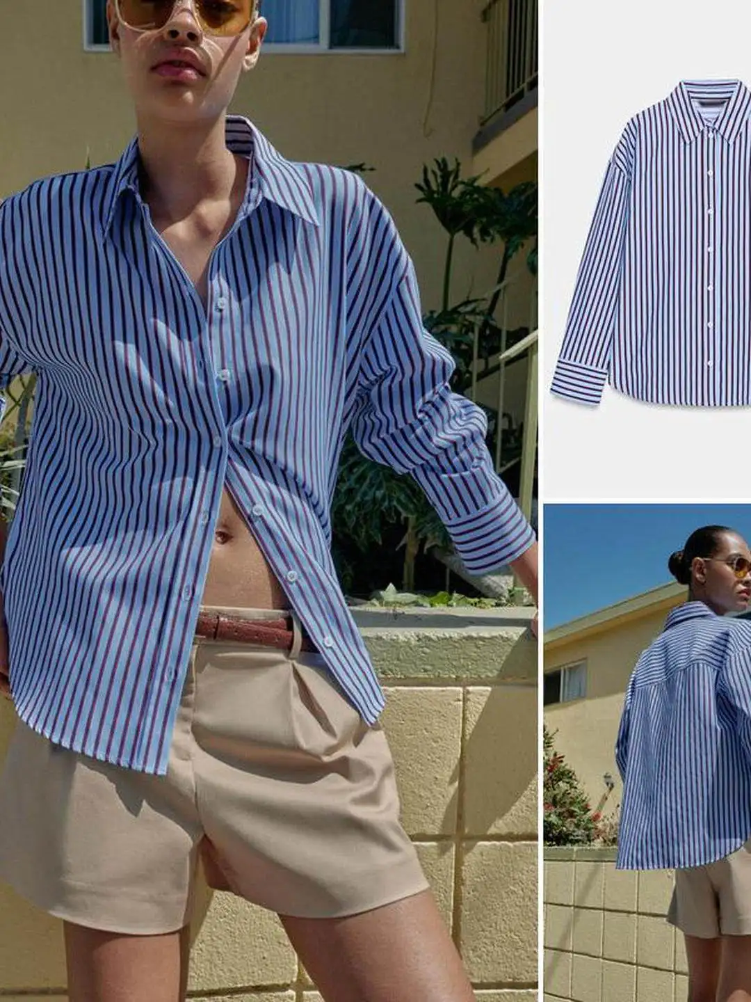 Spring Oxford Shirt Women's Long Sleeve Striped Casual Style Loose Fit Breathable Button Closure Side Slit Regular Length