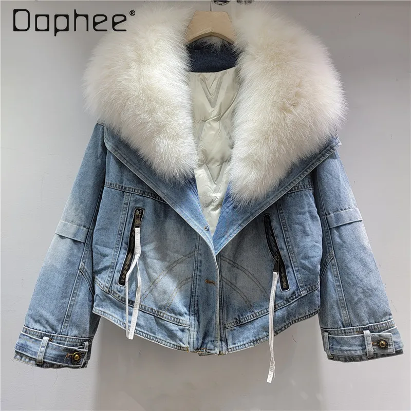 

Autumn Winter Korean Trendy Oversized Fur Collar Thickened Warm Denim Jacket for Women Fashion Personality Street Loose Parka