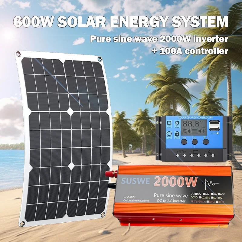 2000W solar system kit 12V to AC 220V/110V inverter+600W solar panel+100A controller, suitable for charging RVs, cars, laptops