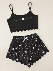 Women's Sleepwear Summer Pajamas Set Star Moon Printed Sleeveless Sling Crop Tops and Shorts Set Homewear Loungewear