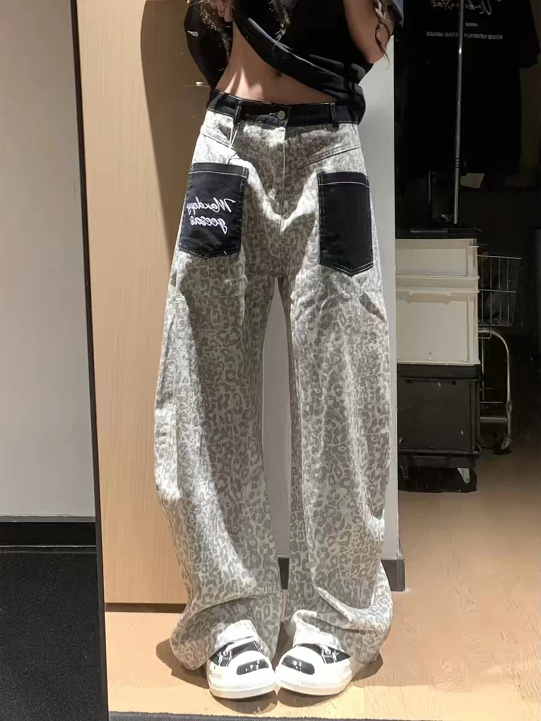 Bkdd Leopard Print Curved Knife Denim Jeans Women's American Style Patch Pocket Design Baggy Straight Leg Wide Leg Pants