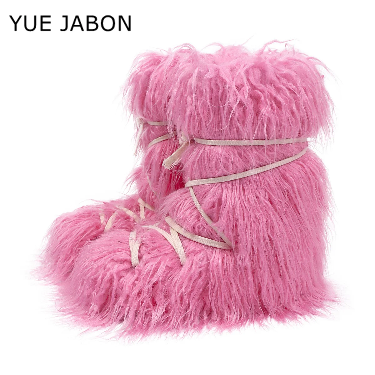 Botas de piel rosa y verde para mujer, botas de nieve de piel sintética peludas y esponjosas de lujo para invierno, botas de esquí con plataforma y tiras cruzadas a media pantorrilla