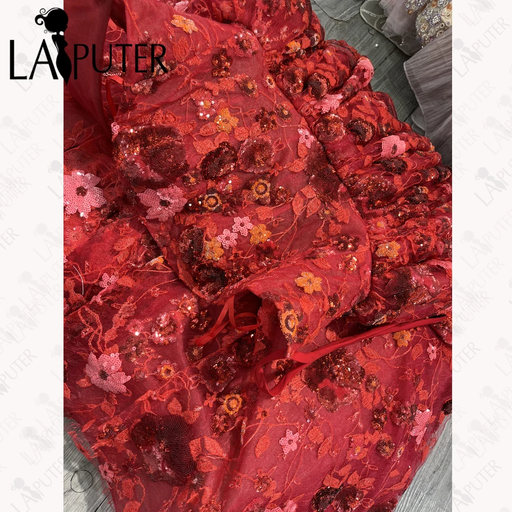 Laiputer rouge dentelle gonflée robe de bal robe de bal fille sans bretelles cou robe de soirée gonflée une ligne dentelle florale robe formelle pour femme