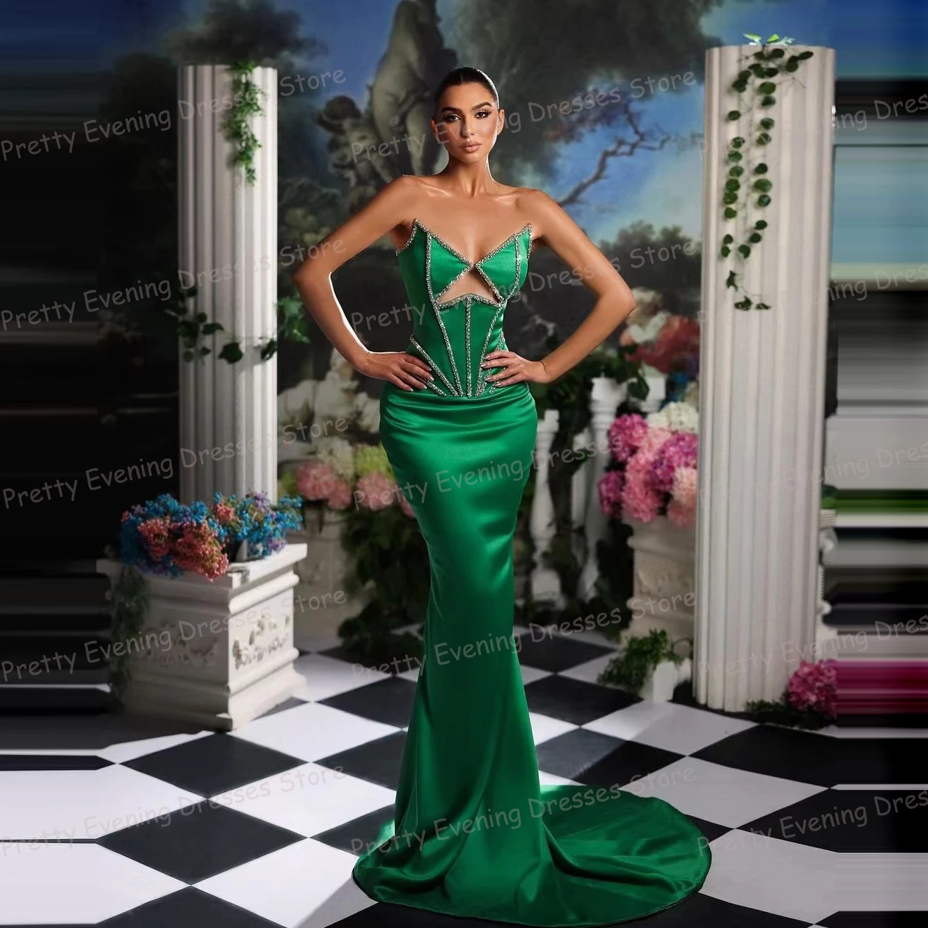 

Luxury Beading Evening Dresses 2024 Mermaid Women's Sleeveless Saitn Prom Gowns Sequined Fashionable Party Vestido De Noche 2024