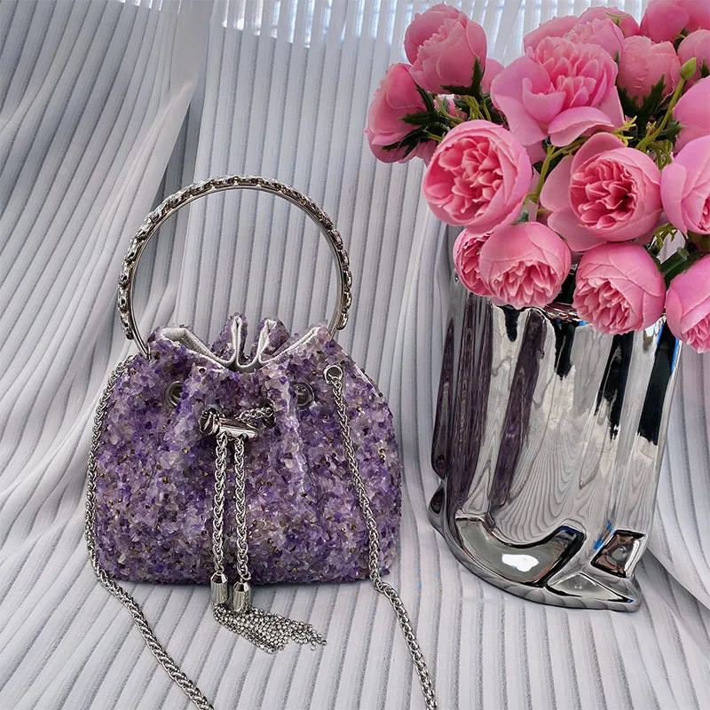

Amethyst Shiny Diamond Fringed Bucket Bag Dinner Diamond Clutch Bag Pearl Rhinestone Crossbody Bag