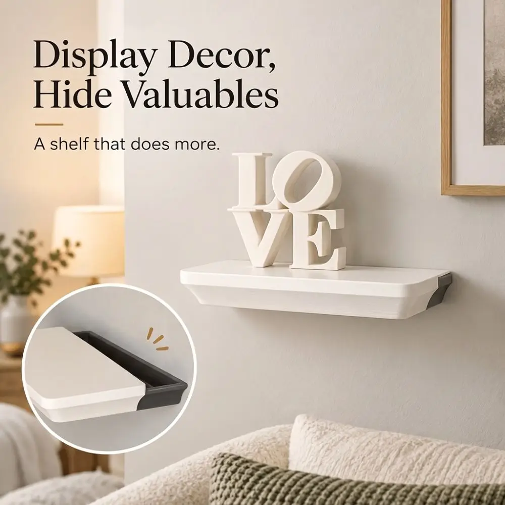 3D Printed Hidden Compartment Wall Shelf Slide Open Plastic Secret Storage Wall Stand Artistic Rectangular
