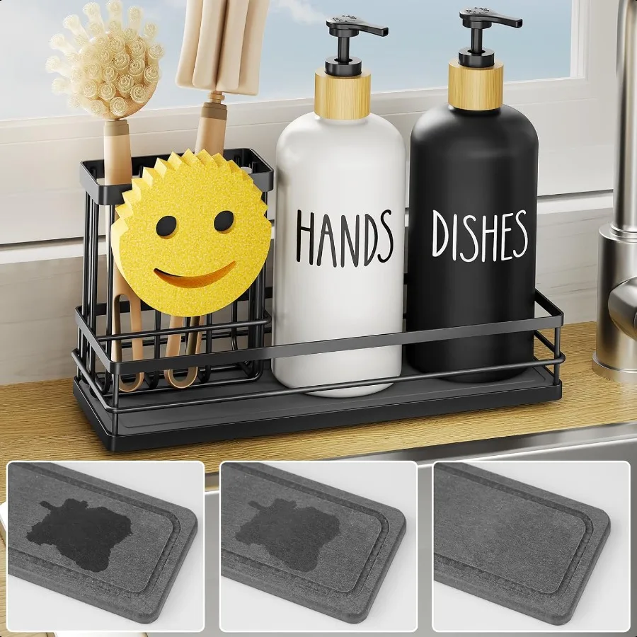 

Kitchen Dish Soap Dispenser Set 16OZ Glass Bottle Hand and Dish Soap Dispenser Set Instant Dry Tray NonSlip Silicone Pad Brush