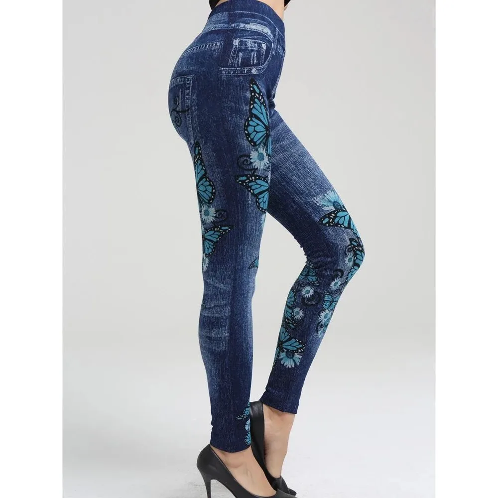 

Women's High Elastic Waist Print Fake Denim Leggings Autumn Season Ladies Faion Casual Pants