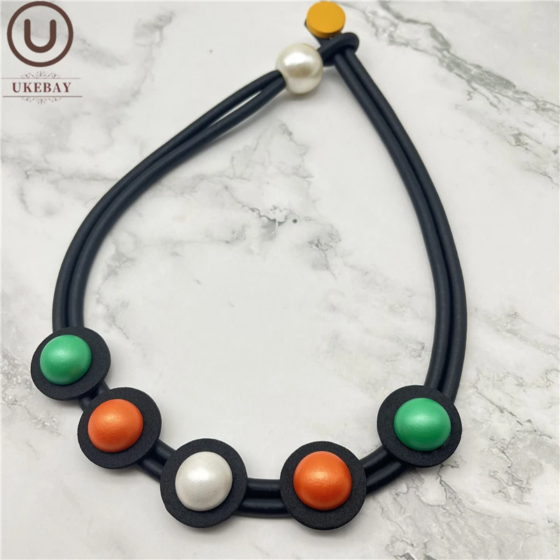 Ukebay New Colorful Wooden Beads Choker Necklaces For Women Handmade Rubber Chains Wood Necklace Party Accessories Jewelry