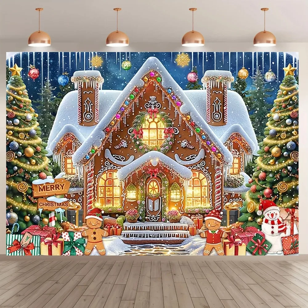 Weihnachten Cartoon Lebkuchenhaus und Weihnachtsmann Banner Hintergrund, Frohe Weihnachten Dekoration Requisiten Fotografie Hintergrund